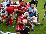 L'US Dax (en rouge) lors de sa rencontre contre le RC Massy pendant la saison 2014-2015.