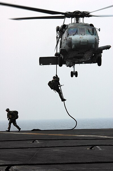 File:US Navy 050323-N-5781F-108 Explosive Ordnance Disposal Mobile Unit Five (EODMU-5) members fast rope from an HH-60H Seahawk to the deck of USS Kitty Hawk (CV 63) during an air power demonstration conducted with embarked Carrier.jpg