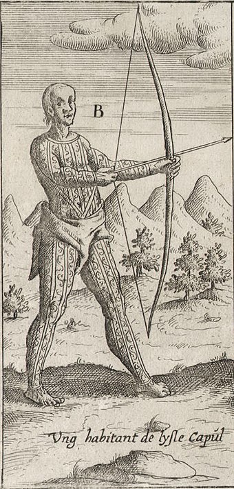 An engraving of a tattooed Visayan native of Capul (c.1602). The depiction of bow and arrows, which Visayans rarely used as weapons, is inaccurate.[44]