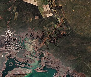 Ürjar nehrinin son bölümü ve ağzı Sentinel-2 görüntüsü. — Kaynak, — Ağız, Kazakistan