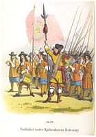 Danske infanterister 1659 i tidsriktig uniform med store hatter og skjøtefrakker Illustrasjon: Otto Frederik von Vaupll: Den Danske Hærs Historie(1870)