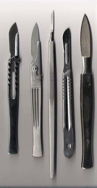 Scalpels are used in some common invasive procedures. Various scalpels.png