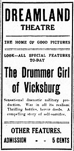 Film's promotion in The Barre Daily Times in Vermont, August 1912 Vermont newspaper ad promoting 1912 film The Drummer Girl of Vicksburg.jpg