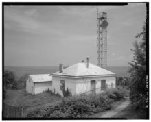 View of Oil House (left) and Fog Signal House (right), looking east - Great Captain Island Light, Great Captain Island, Greenwich, Fairfield County, CT HAER CONN,1-GREWI.V,.2-12.tif