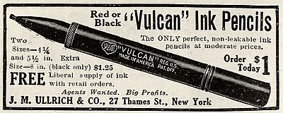 1915 advertisement for "Vulcan" Ink Pencils.