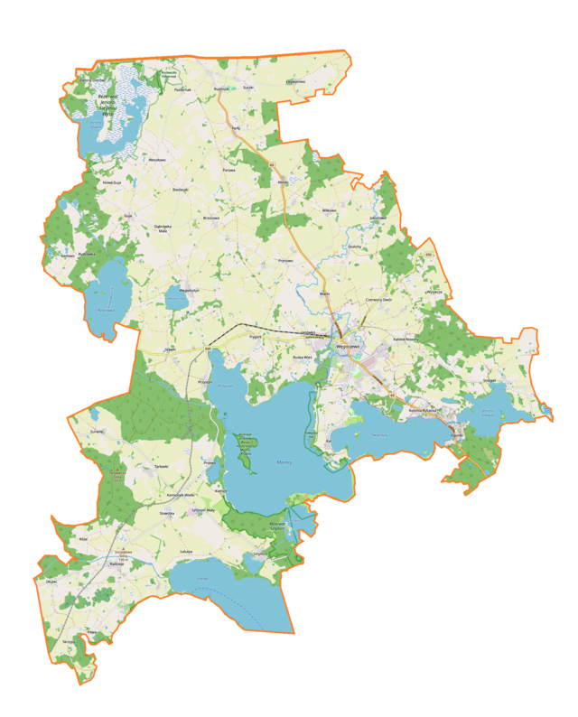 Mapa konturowa gminy Węgorzewo, blisko centrum na prawo znajduje się punkt z opisem „Węgorzewo”