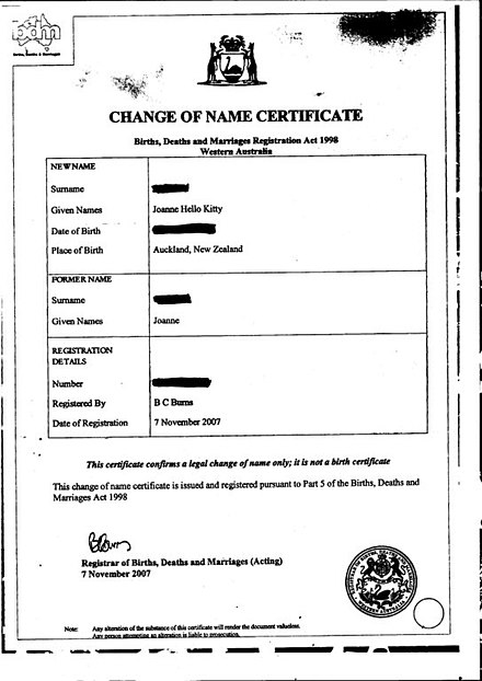 A Certificate of Change of Name issued by Western Australia.