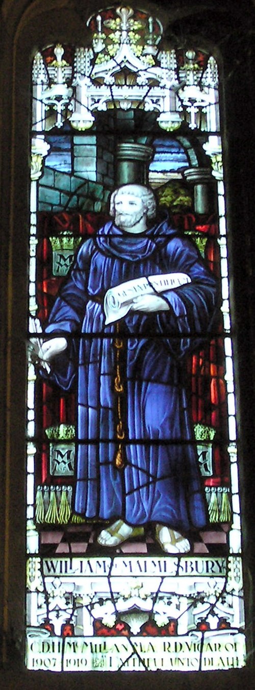 Stained-glass window showing William, installed in Malmesbury Abbey in 1928 in memory of Rev. Canon C. D. H. McMillan, vicar of Malmesbury from 1907 t