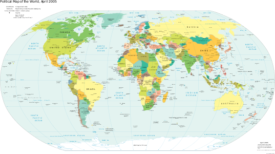 Pays du monde avec intitulé en anglais selon les frontières de 2005.