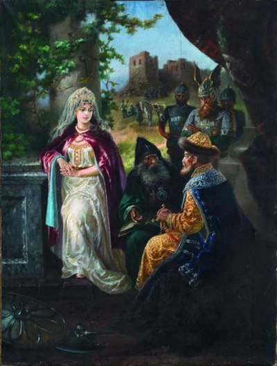 Yaroslav the Wise and Swedish princess Ingigerd, fantasy portrait by Aleksei Trankovsky, late 19th century