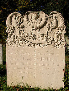 Charles Cook's macabre gravestone, describing and illustrating his fate: "In Memory of Charles Cook who lost His Life by the Fall of a Tree the 20th of March 1767 Aged 30 Years" 1767 Tombstone at St Mary's Church, Walberton (Geograph Image 1016128 2b9e9ab2).jpg