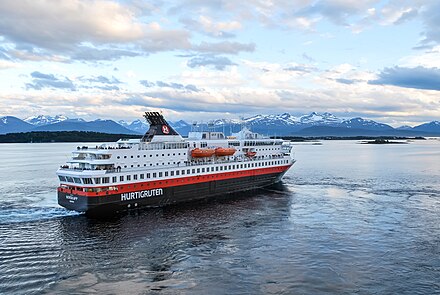 Hurtigruten ferry cruiser, MS Nordkapp, heading north from Molde, Norway