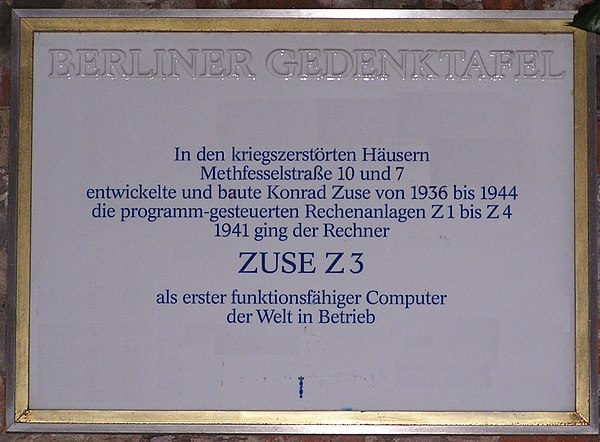 Plaque commemorating Zuse's work, attached to the ruin of Methfesselstraße 7, Berlin
