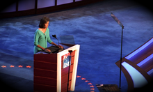 Michelle Obama speaking as the convention's opening night's headliner 20080825 Michelle Obama Close-up at 2008 Democratic National Convention.png