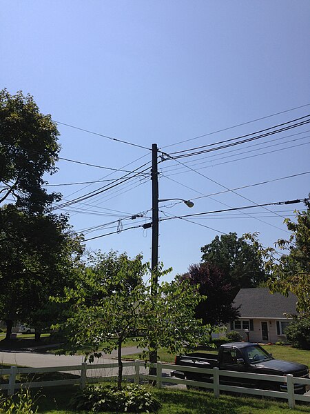 File:2014-08-27 13 14 29 Utility pole 62841EW and street lamp at the intersection of Terrace Boulevard and Dunmore Avenue in Ewing, New Jersey.jpg