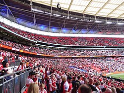The left side of the Hull Kingston Rovers end of Wembley Stadium ahead of the 2023 Challenge Cup Final.