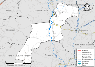 Carte en couleur présentant le réseau hydrographique de la commune