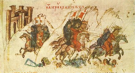 The Bulgarian army under Khan Krum defeats the Byzantine Emperor Nicephorus I in the battle of the Varbitsa Pass in 811, Manasses Chronicle