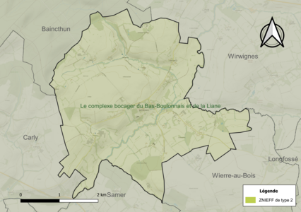 Carte de la ZNIEFF de type 2 sur la commune.