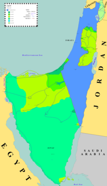 以色列本土以宝蓝色显示，以色列占领的领土以各种深浅不一的绿色显示