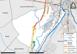 Carte en couleur présentant les réseau hydrographique de la commune