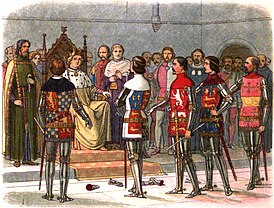 Граф Арундел, герцог Глостер, граф Ноттингем, граф Уорик и граф Дерби перед королём Ричардом II. Иллюстрация из «Хроник Англии» (1864 год)
