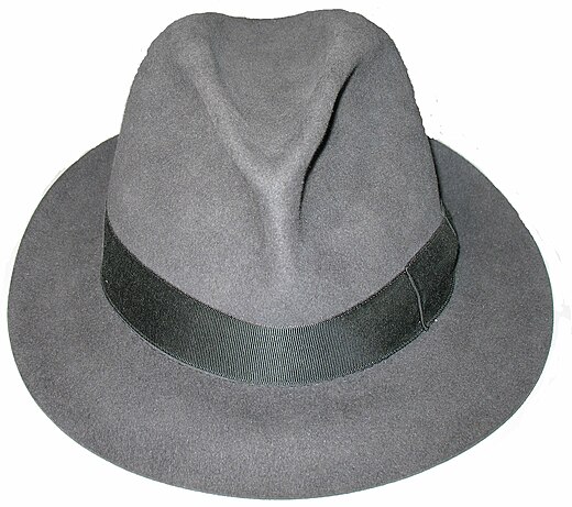 A fedora made by Borsalino, with a pinch-front teardrop-shaped crown