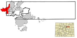 Adams County Colorado Zones constituées et non constituées en société Westminster Highlighted.svg