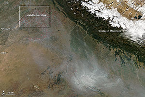   During the autumn and spring months, some 500 million tons of rice and wheat crop residues are burnt, and winds blow from India's north and northwest towards east.[49][50][51] This aerial view shows India's annual crop burning, resulting in smoke and air pollution over Delhi and adjoining areas.