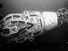 The sunken Alvin on the ocean bottom in June 1969, photographed by USNS Mizar (T-AGOR-11). Alvin (DSV-2) sunk 1968.jpg