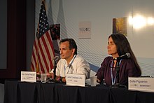 U.S. Ambassador to Mexico Carlos Pascual and CEIBA's Julia Carabias Lillo listen to a question from the audience at the U.S. Center at COP-16 in Cancun, Mexico, on December 8, 2010. Ambassador Pasucal and Julia Carabias Lillo Listen to a Question.jpg