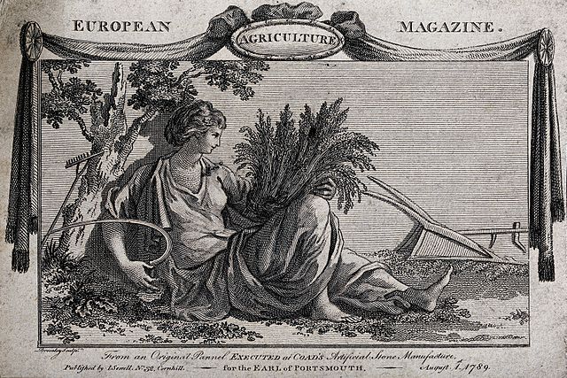 An allegory of agriculture: Ceres reclining amidst a collection of farm implements, she holds a sheaf of wheat and a scythe. Engraving by W. Bromley, 