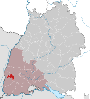 Lage der Stadt Freiburg im Breisgau in Baden-Württemberg und im Regierungsbezirk Freiburg