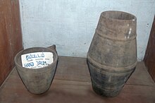 Ancient hand drum without leathers at archaeological museum of Jaffna, Sri Lanka. Barrel Shaped Drum.JPG