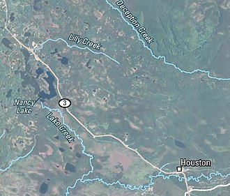 Excerpt from a USGS map showing Nancy Lake and adjoining streams in the upper left, and the nearby town of Houston, Alaska, in the bottom right