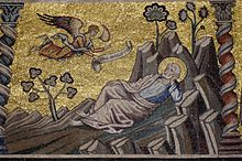 The second dream, as shown by the text on the angel's banderole: "Flee to Egypt", 13th-century mosaic, Florence Baptistry Battistero di San Giovanni mosaics n10.jpg