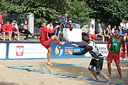 Deutsch: Beachhandball Europameisterschaften 2019 (Beach handball Euro); Tag 3: 4. Juli 2019 – Männer, Hauptrunde Gruppe II, Ungarn-Schweiz 2:0 (26:24, 27:24) English: Beach handball Euro; Day 3: 4 July 2019 – Men Main Round Group II – Hungary-Switzerland 2:0 (26:24, 27:24)