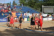 Deutsch: Beachhandball Europameisterschaften 2019 (Beach handball Euro); Tag 1: 2. Juli 2019 – Männer, Vorrunde Gruppe D, Polen-Schweden 2:1 (18:10, 15:9; 8:6) English: Beach handball Euro; Day 1: 2 July 2019 – Men Preliminary Round Group D – Poland-Sweden 2:1 (18:10, 15:9; 8:6)