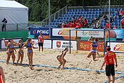 Deutsch: Beachhandball Europameisterschaften 2019 (Beach handball Euro); Tag 2: 3. Juli 2019 – Frauen, Vorrunde Gruppe C, Spanien-Griechenland 2:1 (12:20, 18:16; 8:2) English: Beach handball Euro; Day 2: 3 July 2019 – Women Preliminary Round Group C – Spain-Greece 2:1 (12:20, 18:16; 8:2)