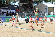 Deutsch: Beachhandball Europameisterschaften 2019 (Beach handball Euro); Tag 2: 3. Juli 2019 – Frauen, Vorrunde Gruppe D, Ukraine-Deutschland 2:0 (23:22, 32:24) English: Beach handball Euro; Day 2: 3 July 2019 – Women Preliminary Round Group D – Ukraine-Germany 2:0 (23:22, 32:24)