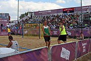 Deutsch: Beachhandball bei den Olympischen Jugendspielen 2018; Tag 7, 13. Oktober 2018; Jungen, Finale – Portugal-Spanien 1:2 English: Beach handball at the 2018 Summer Youth Olympics at 13 October 2018 – Boys Gold Medal Match – Portugal-Spain 1:2