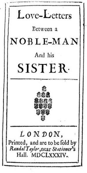 Title page of Aphra Behn's early epistolary novel, Love-Letters Between a Nobleman and His Sister (1684)