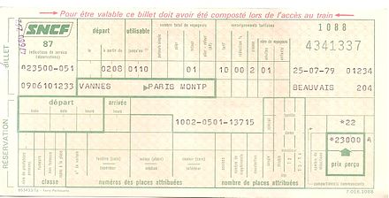 Billet SNCF informatisé Vannes - Paris Montparnasse pour le 2 aout 1979, acheté le 25 juillet 1979 à Beauvais