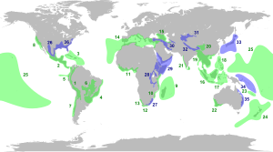 The country hosts two biodiversity hotspots:
1 - Tropical Andes
5 - Tumbes-Choco-Magdalena Biodiversity Hotspots.svg