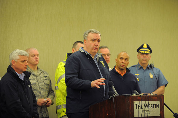 Edward F. Davis (Boston Police Commissioner) gives a news conference about the bombing on April 15. Massachusetts Governor Deval Patrick is second fro