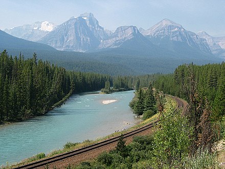 The Trans-Canada Railroad travels through areas that are hard to get to by other means of transportation, like this view of Banff National Park.