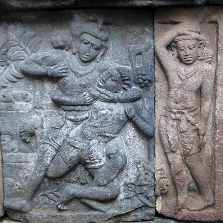 Grappling: bas-relief of grappling techniques at Prambanan (9th century) in Indonesia.