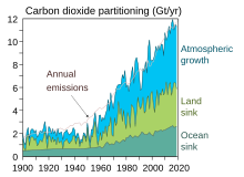 The global carbon dioxide partitioning (atmospheric CO2, land sink, and ocean sink) averaged over the historical period (1900-2020) Carbon Dioxide Partitioning.svg