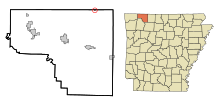 Carroll County Arkansas Sisällytetyt ja rekisteröimättömät alueet Blue Eye Highlighted.svg
