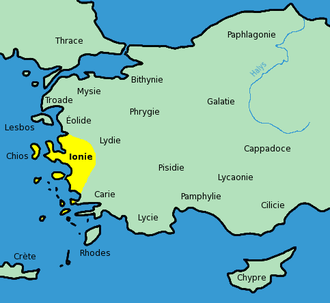 Carte représentant la position de l'Ionie en Asie mineure